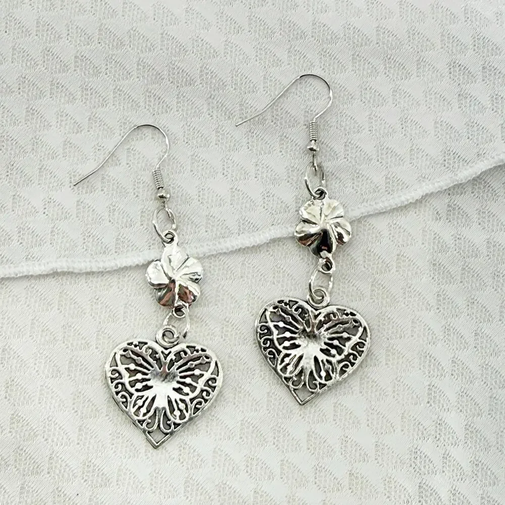 Silver Butterfly Heart Dangle Earrings | Floral Romantic Vintage Style